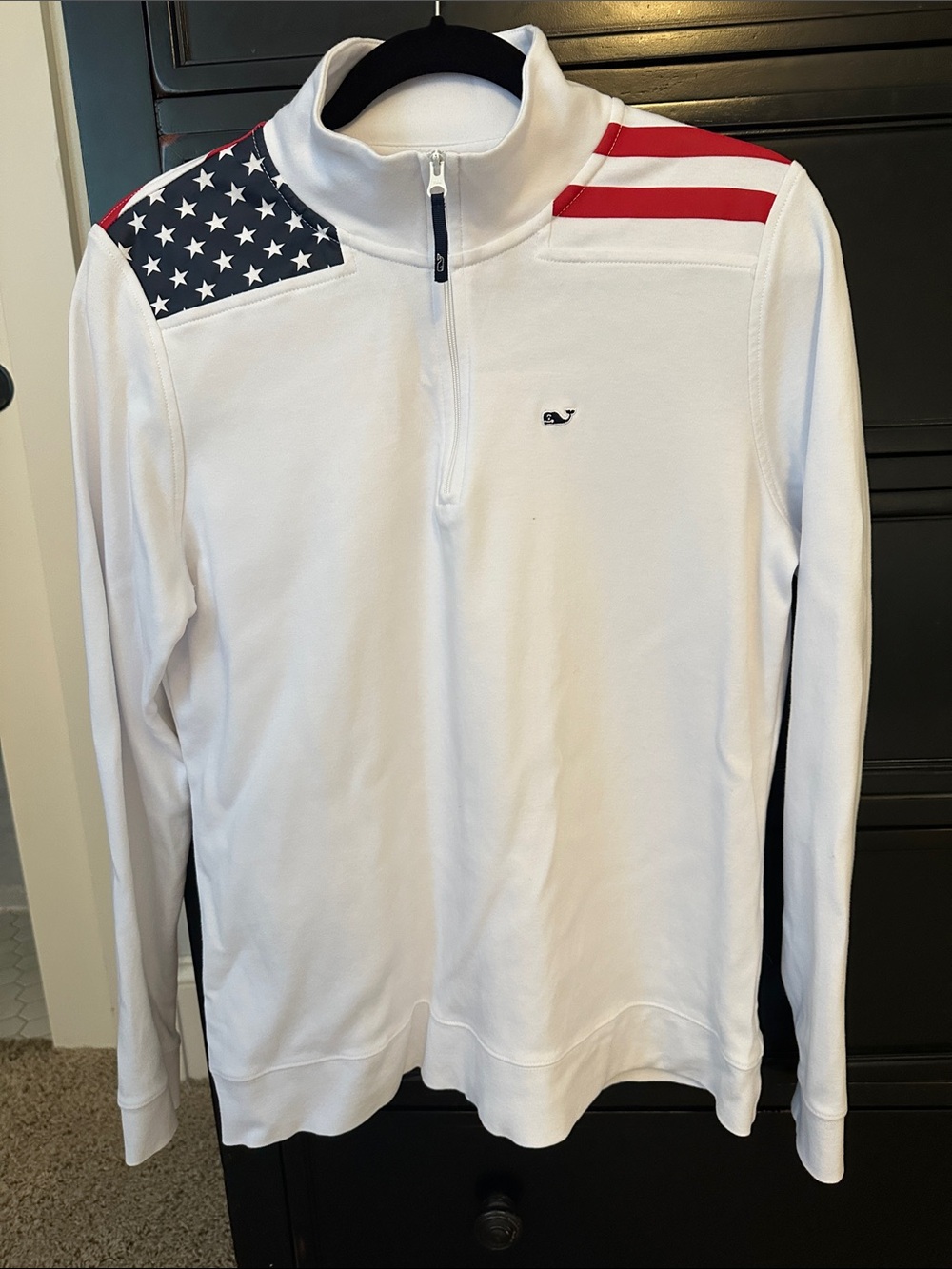 Vineyard Vines Women’s White Quarter-Zip Pullover with Red and Blue Flag Accents